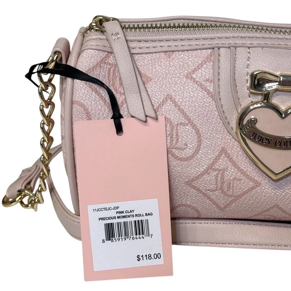 Juicy Couture Precious Moments Roll Bag Pink Clay Monogram Heart Crossbody NEW - Picture 7 of 10